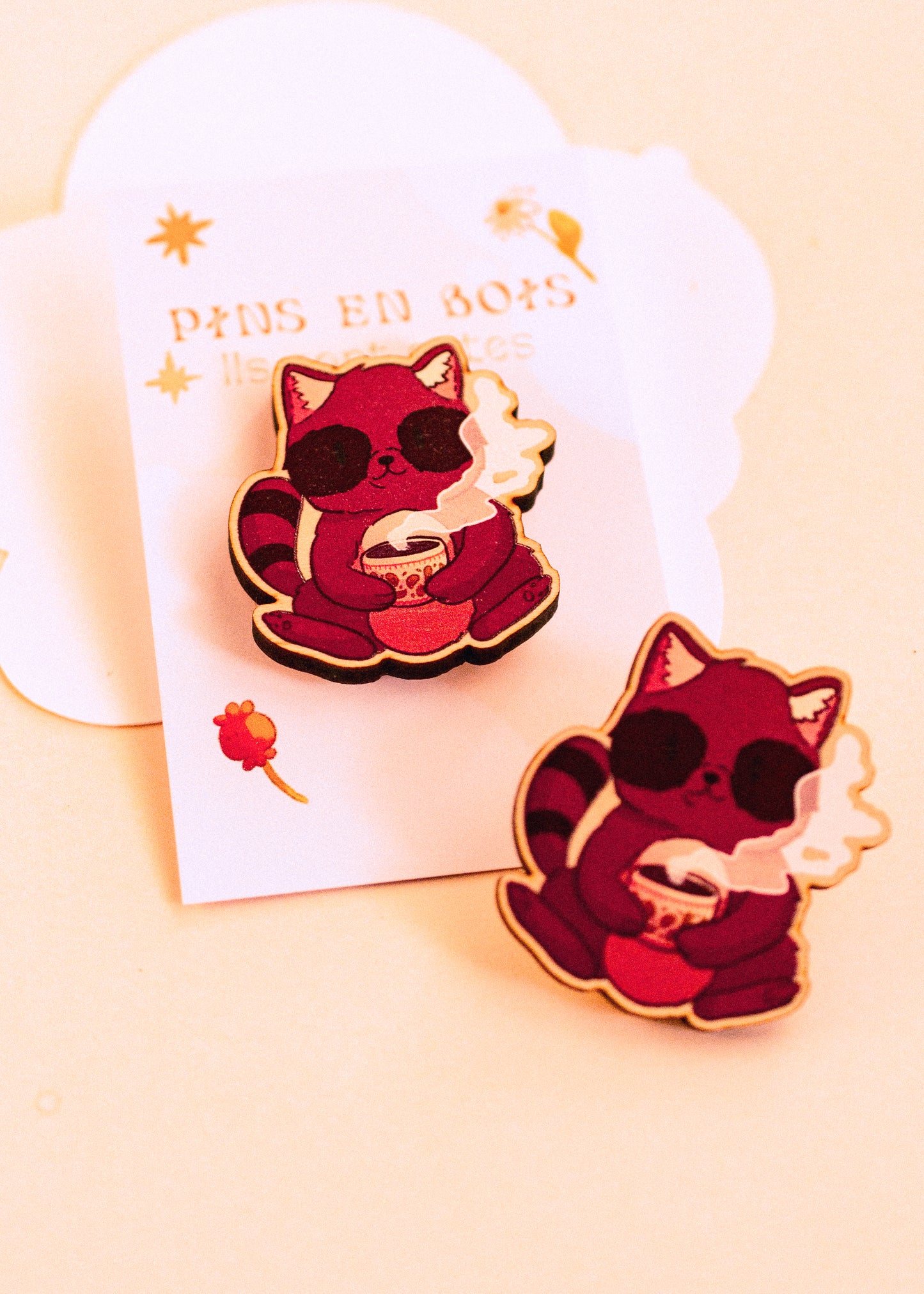 Wooden pins - Tanukis and hot chocolate