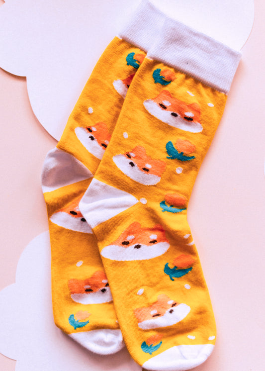 Chaussettes shiba tulipes jaunes taille S ou M coton motif original Sekai
