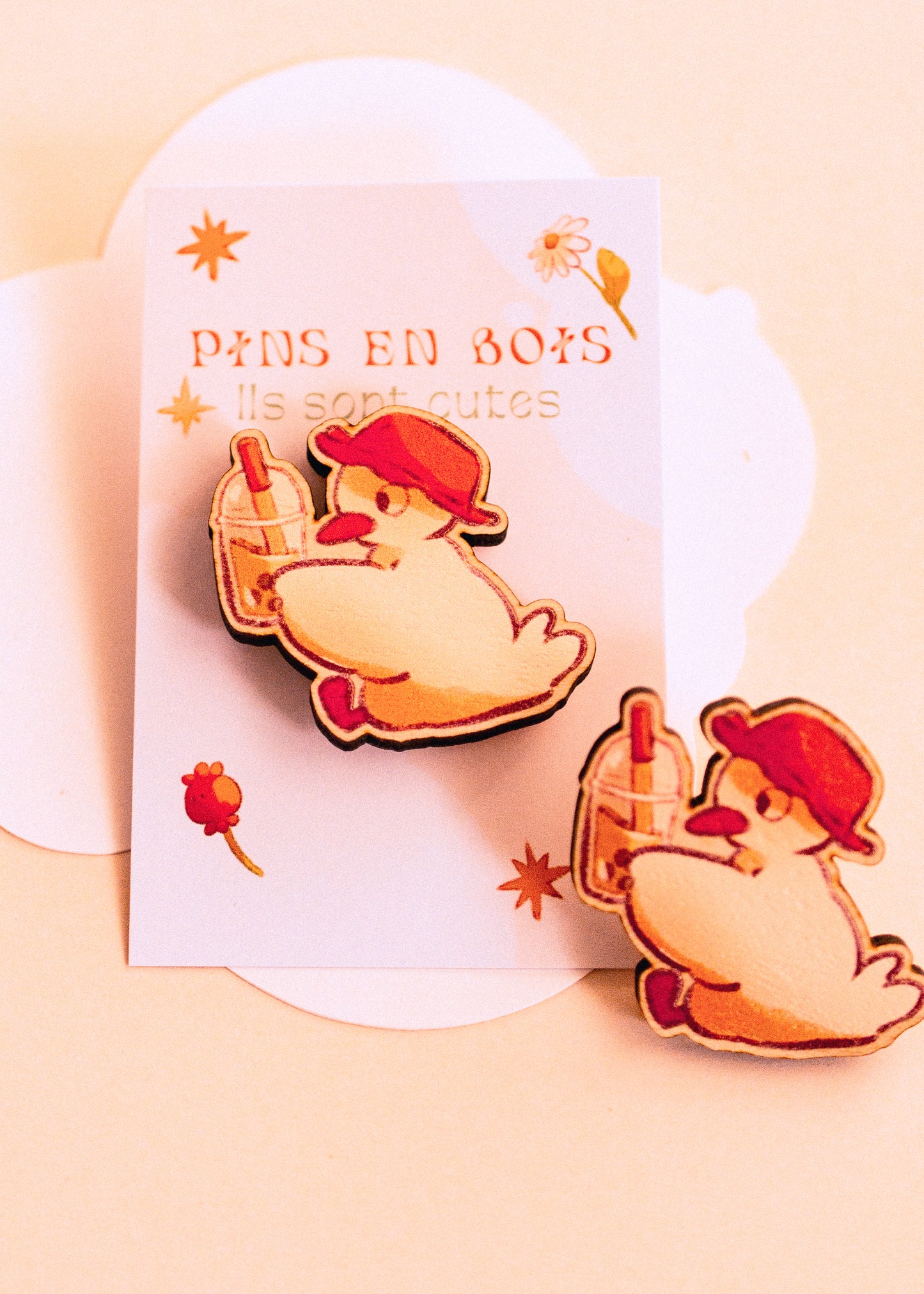 Wooden pins - Bubble tea duck with hat